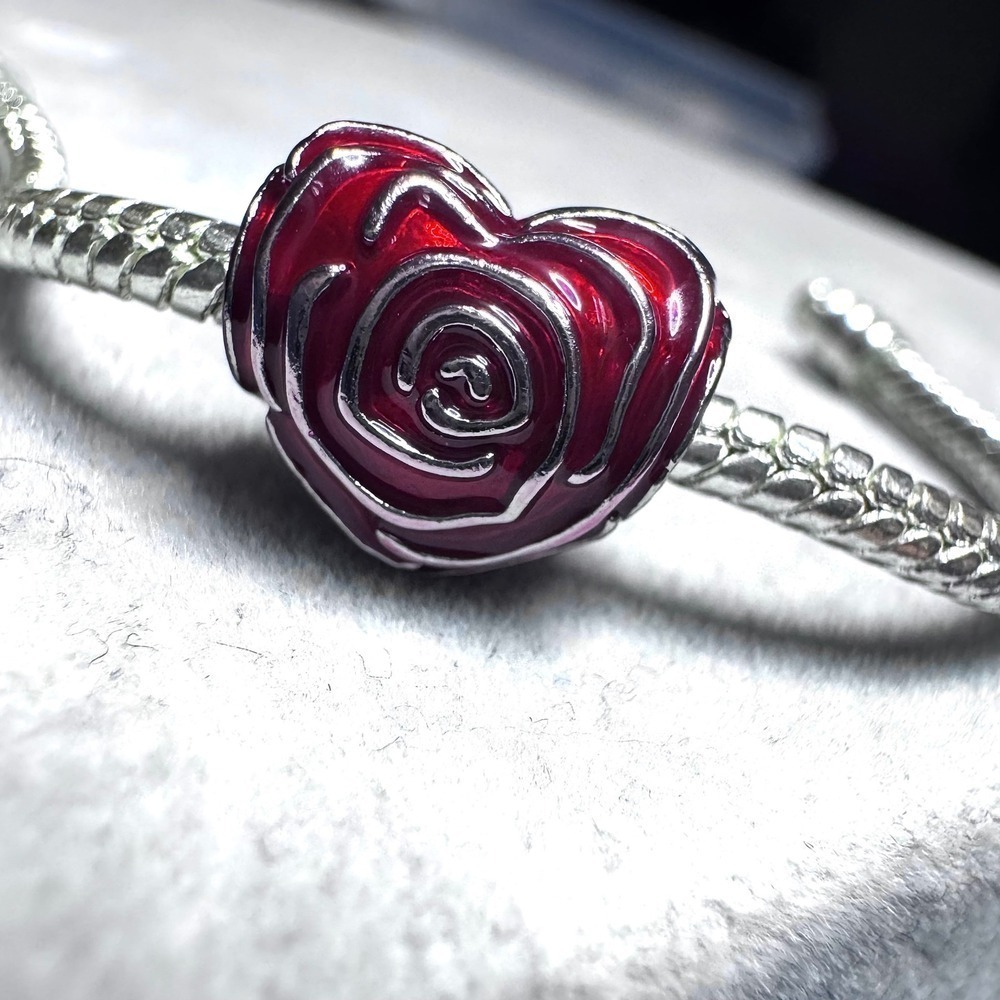 Heart Rose Charm Bead Red Enamel Silver Tone fits Pandora - Picture 5 of 11